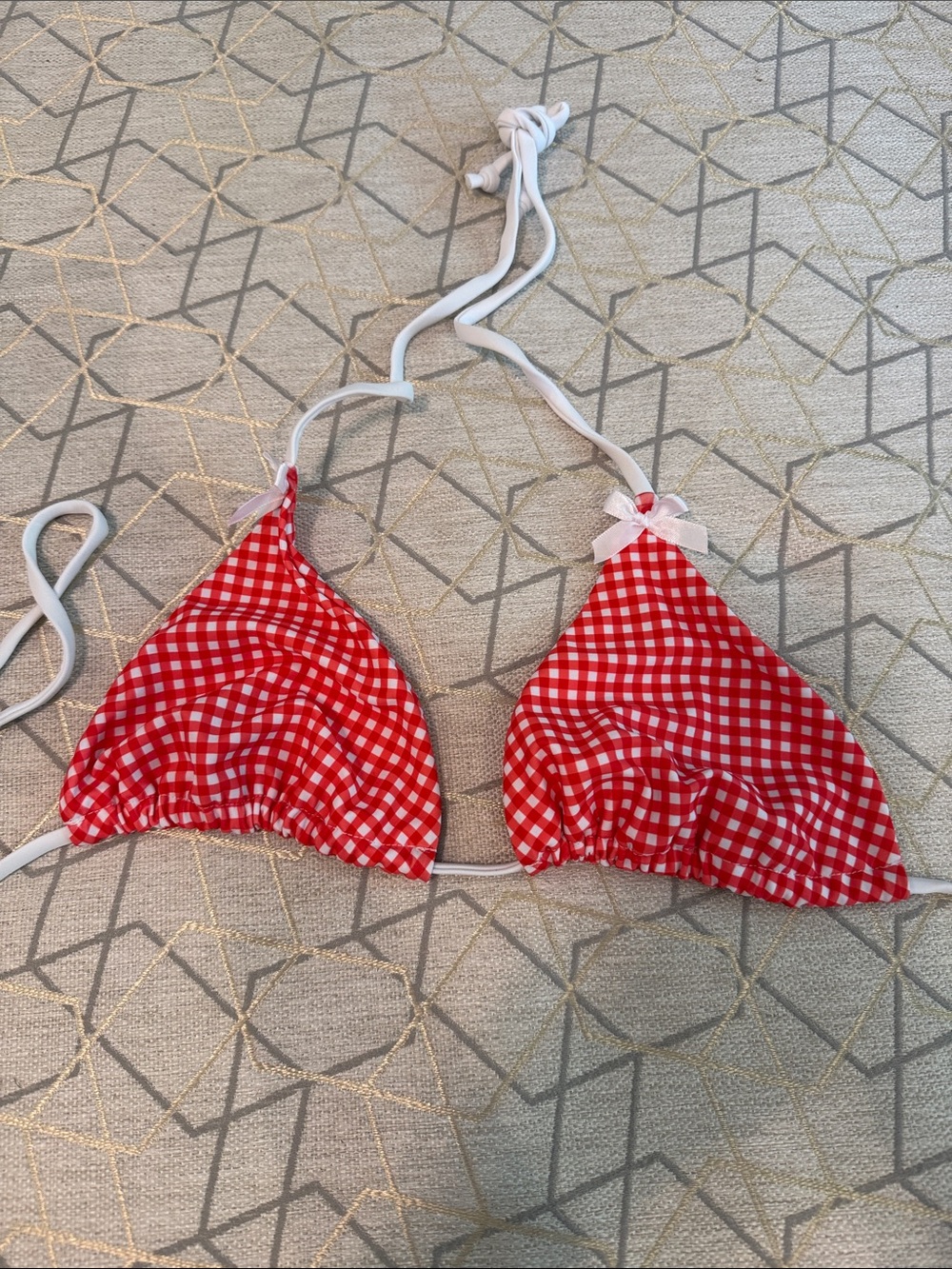 Red Gingham Triangle Bikini Top with White Ties
